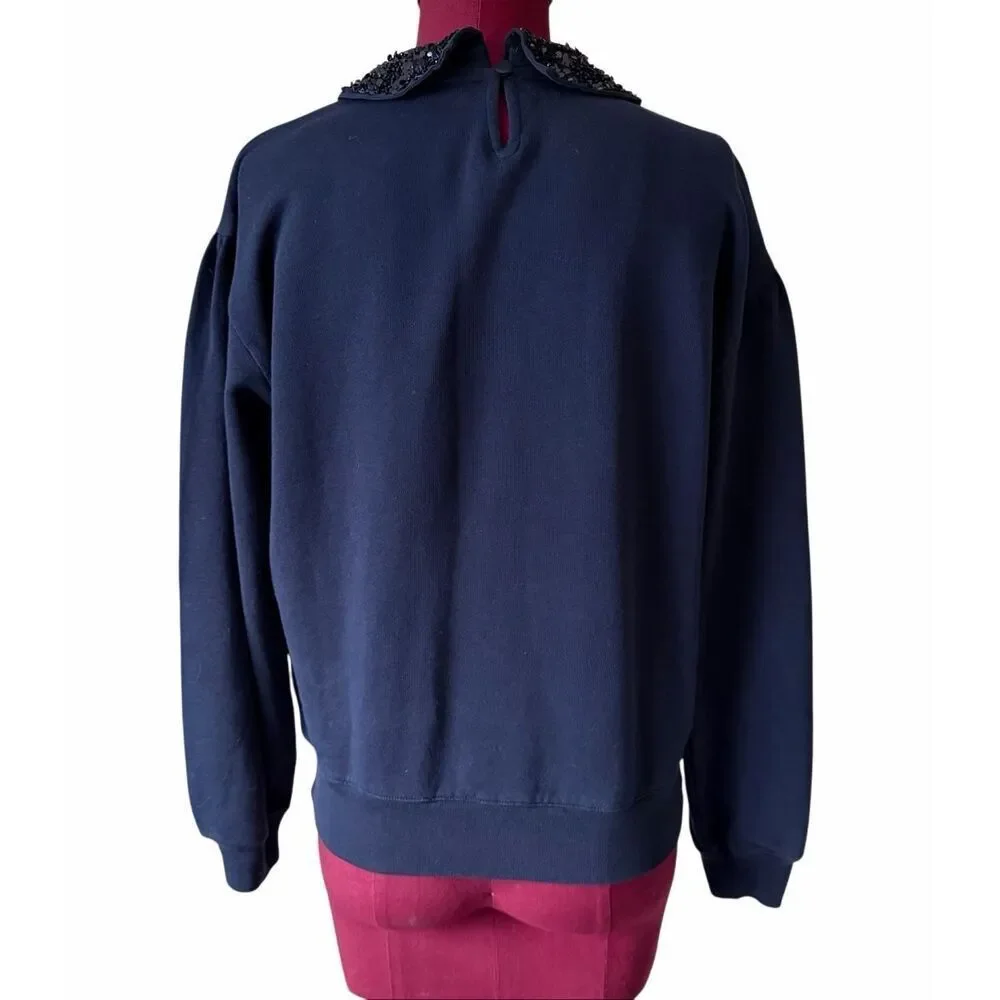 J CREW Crewneck Sweatshirt Top Crystal‎ Peter Pan Collar Navy Blue XS